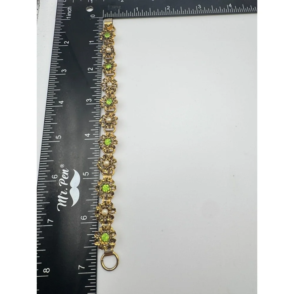 Vintage Flower Bracelet Gold Tone Filigree Green Rhinestone Faux Pearl 7